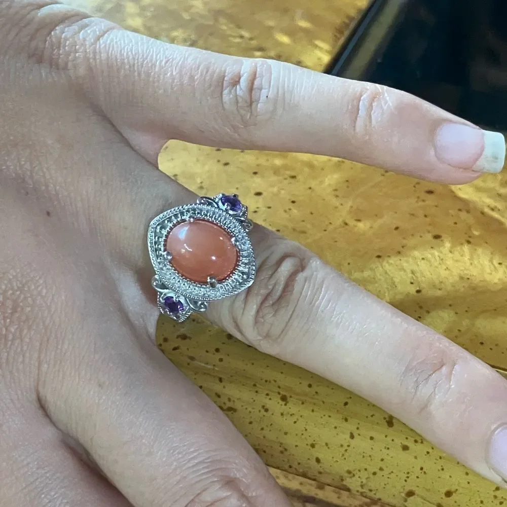 Natural Peach Moonstone African Amethyst Sterling Silver Ring Size 7
